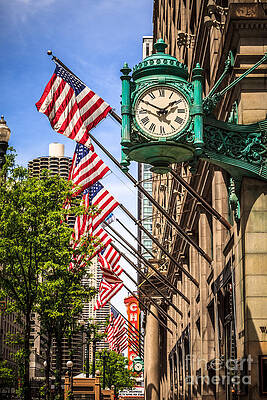 Illinois Wall Art featuring the photograph Chicago Macy's Clock And Chicago Theatre Sign by Paul Velgos