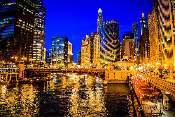Illinois Wall Art featuring the photograph Chicago River Buildings At Night Picture by Paul Velgos