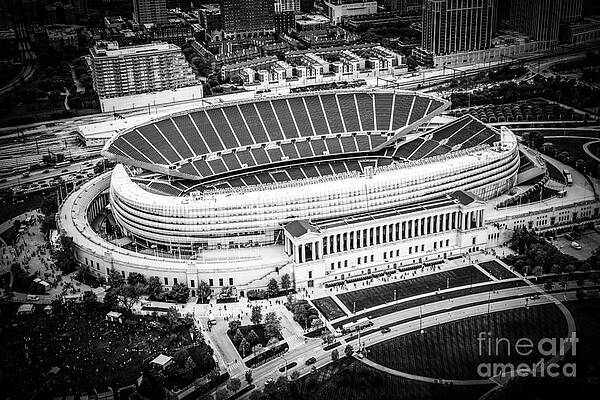 Illinois Wall Art featuring the photograph Chicago Soldier Field Aerial Picture In Black And White by Paul Velgos