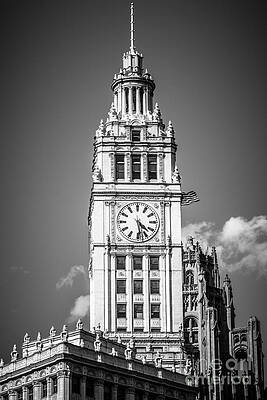 Illinois Wall Art featuring the photograph Chicago Wrigley Building Clock Black And White Picture by Paul Velgos