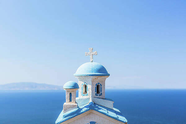 Wall Art featuring the photograph Church With Blue Dome And Sea by Deimagine