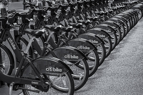 Row of Citi Bikes in Black and White Photograph