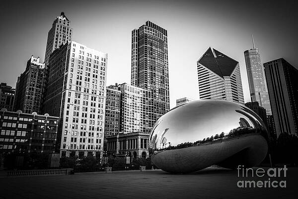 Illinois Wall Art featuring the photograph Cloud Gate Bean Chicago Skyline In Black And White by Paul Velgos
