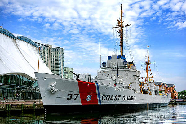 Docked Coast Guard Ship in City Harbor Photograph