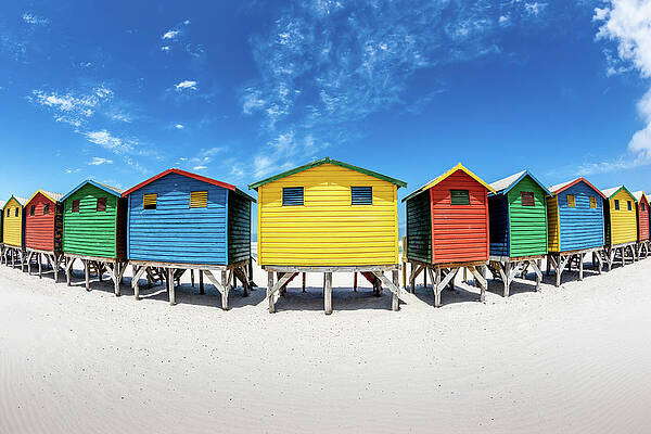 Colorful Beach Huts under Blue Sky Wall Art