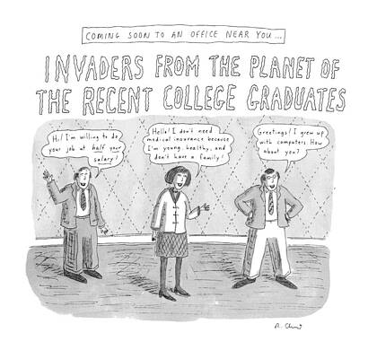 Near Wall Art featuring the drawing Coming Soon To An Office Near You:
Invaders by Roz Chast