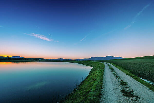 Wall Art featuring the photograph Country Road At Dawn by Deimagine