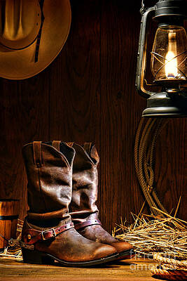 Rustic Cowboy Boots and Lantern Photograph