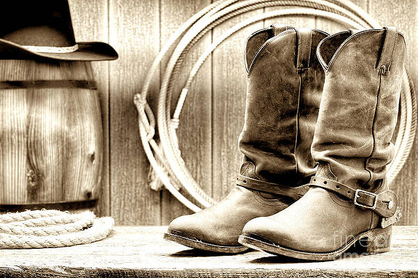 Rustic Cowboy Boots in Sepia Photograph