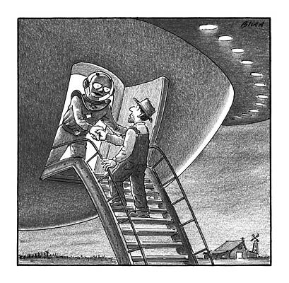 Alien Wall Art featuring the drawing Cowboy Walks Up To A Ufo Greeted By An Alien by Harry Bliss