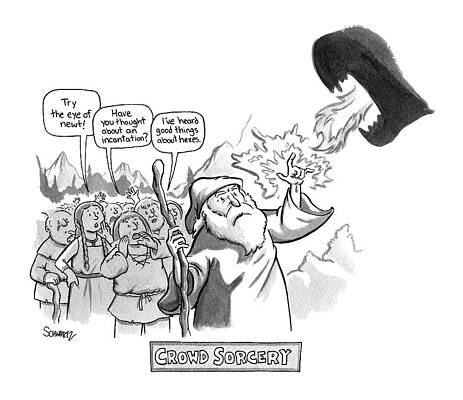 Wizard Wall Art featuring the drawing Crowd Sorcery - Villagers Shout Out Suggestions by Benjamin Schwartz