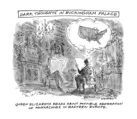 Europe Drawing - Dark Thoughts In Buckingham Palace by James Stevenson