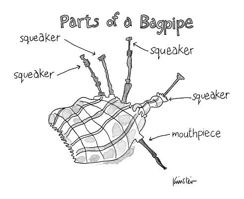 Pipe Wall Art featuring the drawing Diagram Entitled Parts Of A Bagpipe by Ken Krimstein