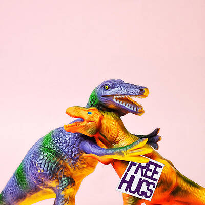 Colorful Dinosaurs Offering Free Hugs Wall Art
