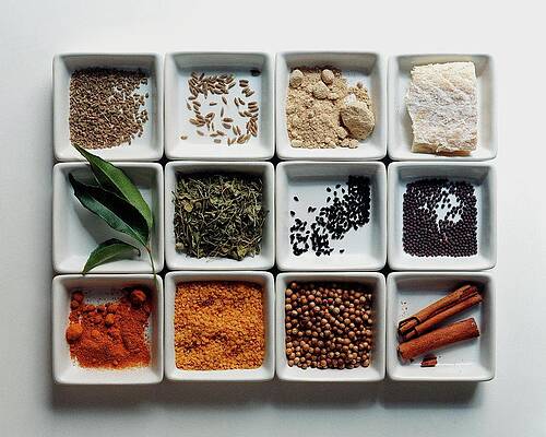 Assorted Spices in White Dishes Wall Art