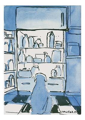 Dog Staring into Open Fridge Drawing