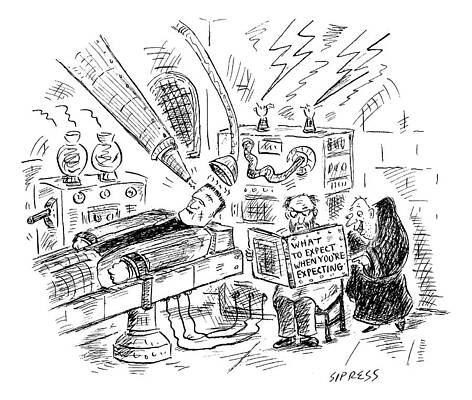 Lab Wall Art featuring the drawing Dr. Frankenstein Reading A Pregnancy Book by David Sipress