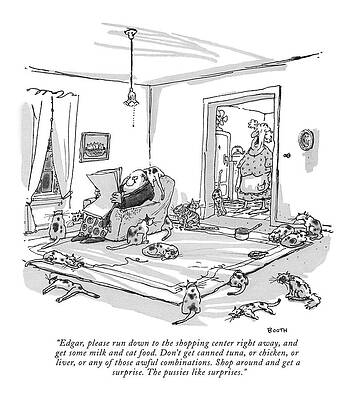 Cats Surrounding Man Reading Newspaper Drawing