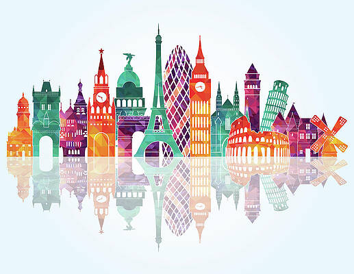 Wall Art featuring the digital art Europe Skyline Detailed Silhouette by Katerina andronchik