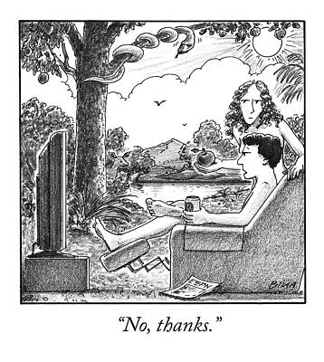 Adam Wall Art featuring the drawing Eve Offers Adam An Apple by Harry Bliss