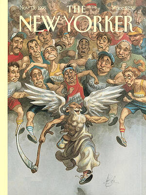 Winged Figure Amidst Running Crowd Wall Art