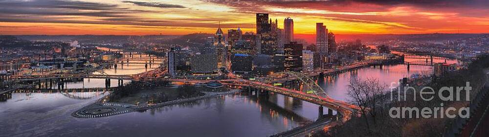 Sunrise Wall Art featuring the photograph Fiery Pittsburgh Morning Digital Painting by Adam Jewell