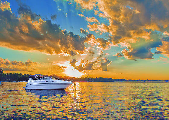 Serene Sunset Over Lake with Boat Wall Art