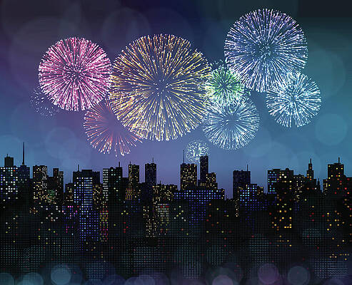 Vibrant Fireworks Over City Skyline Wall Art