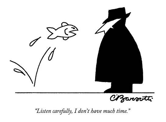 Wall Art featuring the drawing Fish Informant Jumps Toward Man In Trench Coat by Charles Barsotti
