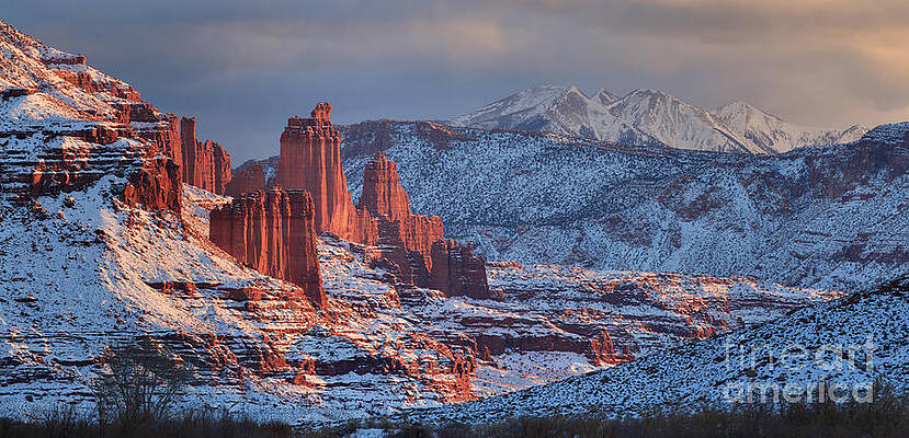 Snow-Capped Desert Towers Photograph