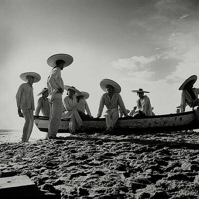 Men with Sombreros Beside a Boat Photograph