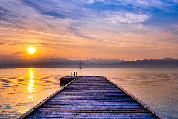 Serene Lake at Sunset with Pier Wall Art