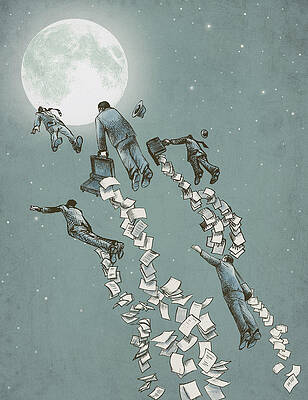 Businessmen Floating to the Moon Wall Art