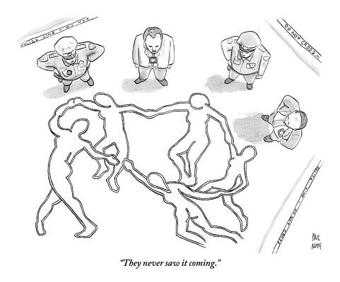 Outline Drawing - Four Police Officers Stand Outside Of A Chalk by Paul Noth