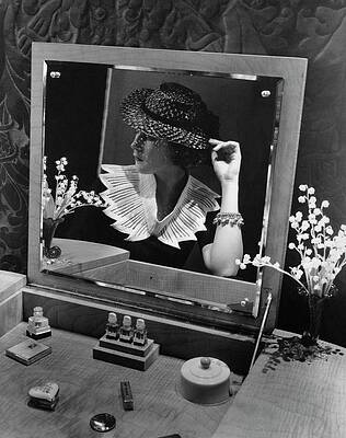 Woman in Mirror with Straw Hat Wall Art