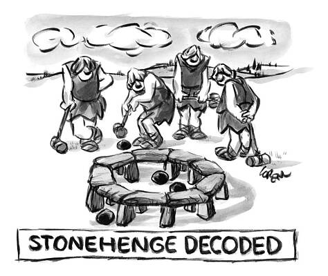 Setting Drawing - Giant Cavemen Play Croquet Using The Stonehenge by Lee Lorenz