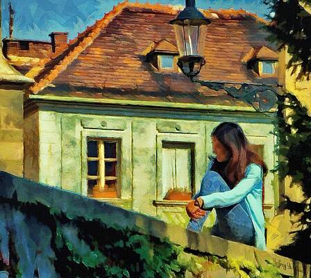Wall Art featuring the painting Girl Posing On Stone Wall by Jeffrey Kolker