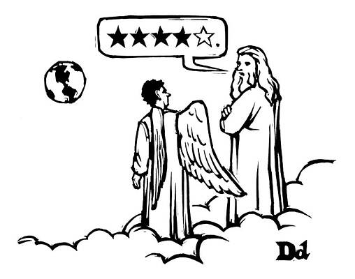 4 Wall Art featuring the drawing God To An Angel On A Cloud Overlooking Earth by Drew Dernavich