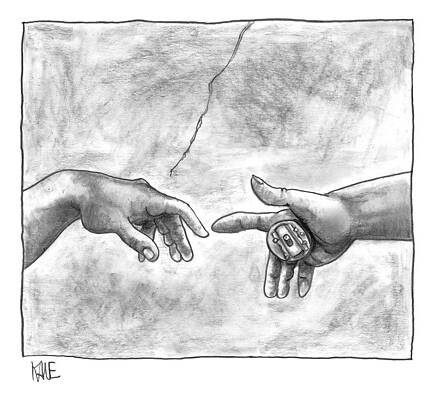 Adam Wall Art featuring the drawing God's Hand Touching Adam's Hand A La Sistine by John Kane