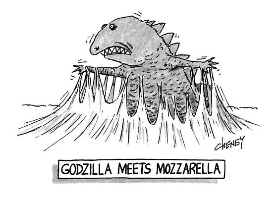 Character Wall Art featuring the drawing Godzilla Meets Mozzarella by Tom Cheney