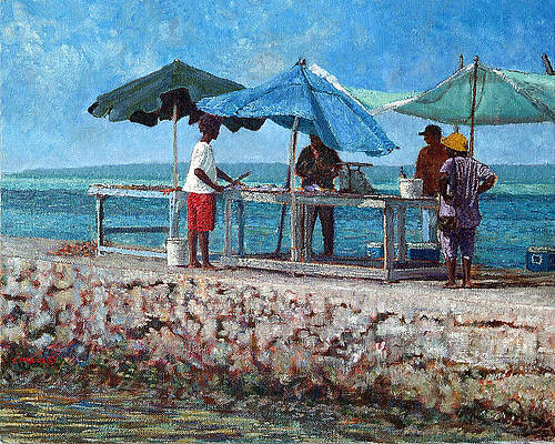 Wall Art featuring the painting Green Umbrellas - Tarpum Bay, Eleuthera, Bahamas by Ritchie Eyma