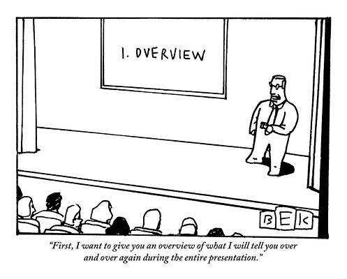 Outline Drawing - Guy Giving Presentation On A Stage In Front by Bruce Eric Kaplan