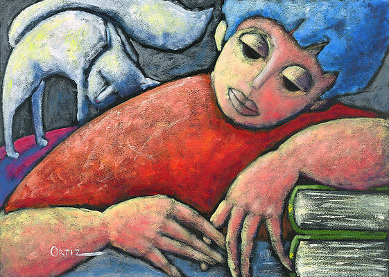 Blue Wall Art featuring the painting Haciendo Tareas En Mi Cuarto by Oscar Ortiz