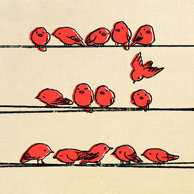 Red Birds Perched on Wires Wall Art