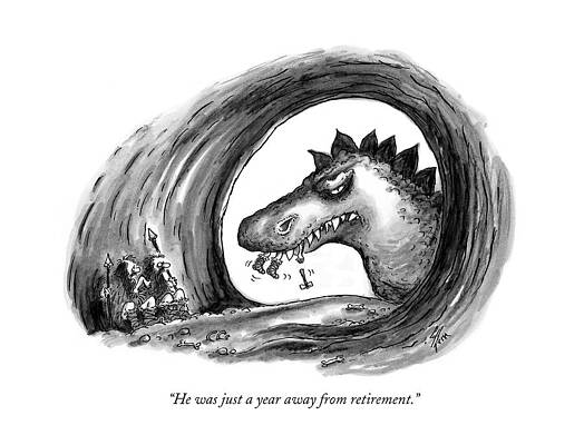 Dinosaurs Wall Art featuring the drawing He Was Just A Year Away From Retirement by Frank Cotham