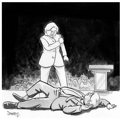 Character Wall Art featuring the drawing Hillary Clinton Knocks Out Donald Trump by Benjamin Schwartz