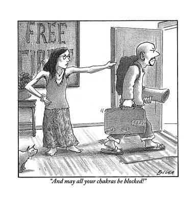 Yoga Wall Art featuring the drawing Hippie Girlfriend To Departing Hippie Husband by Harry Bliss