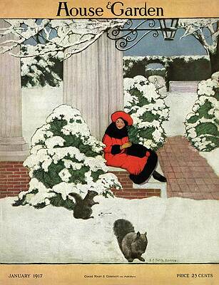 Winter Scene with Lady and Squirrels Photograph