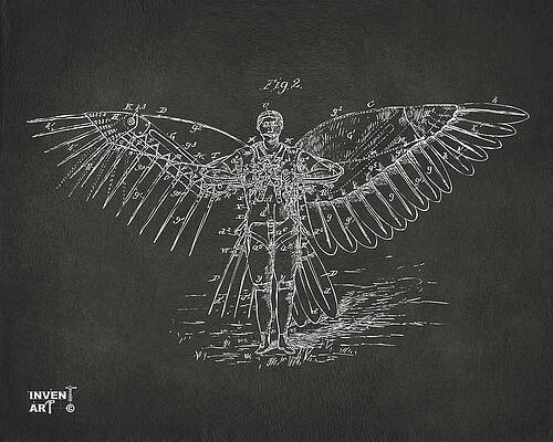 Blueprint of Human with Mechanical Wings Digital Art