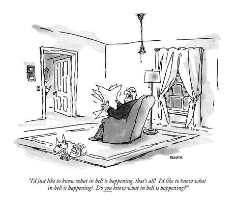 Man Reading Newspaper with Dog Drawing